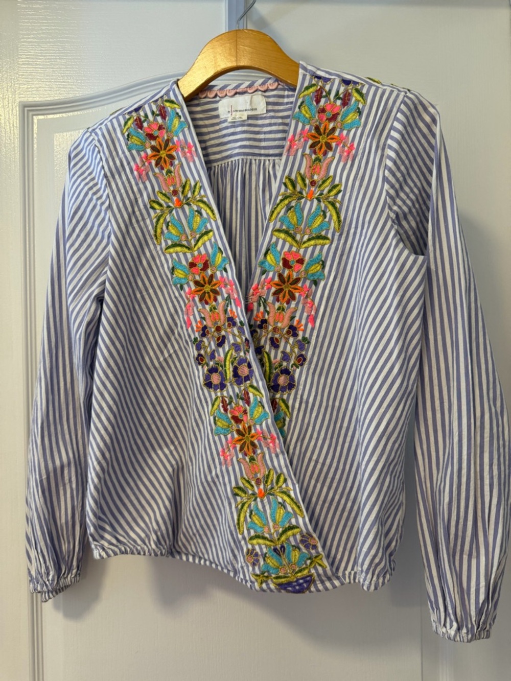Anthropologie Light Blue Stripe V-Neck Blouse with Multicolor Floral Embroidery
